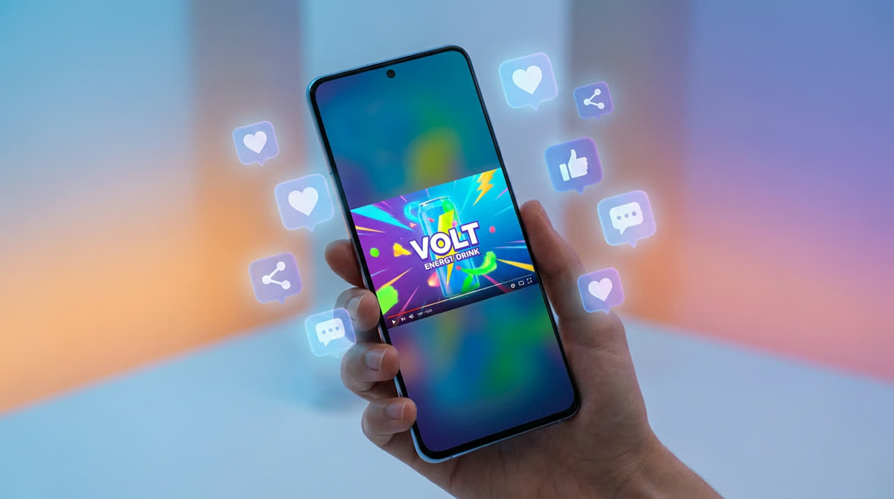 Смартфон с видеорекламой и иконками вовлечения