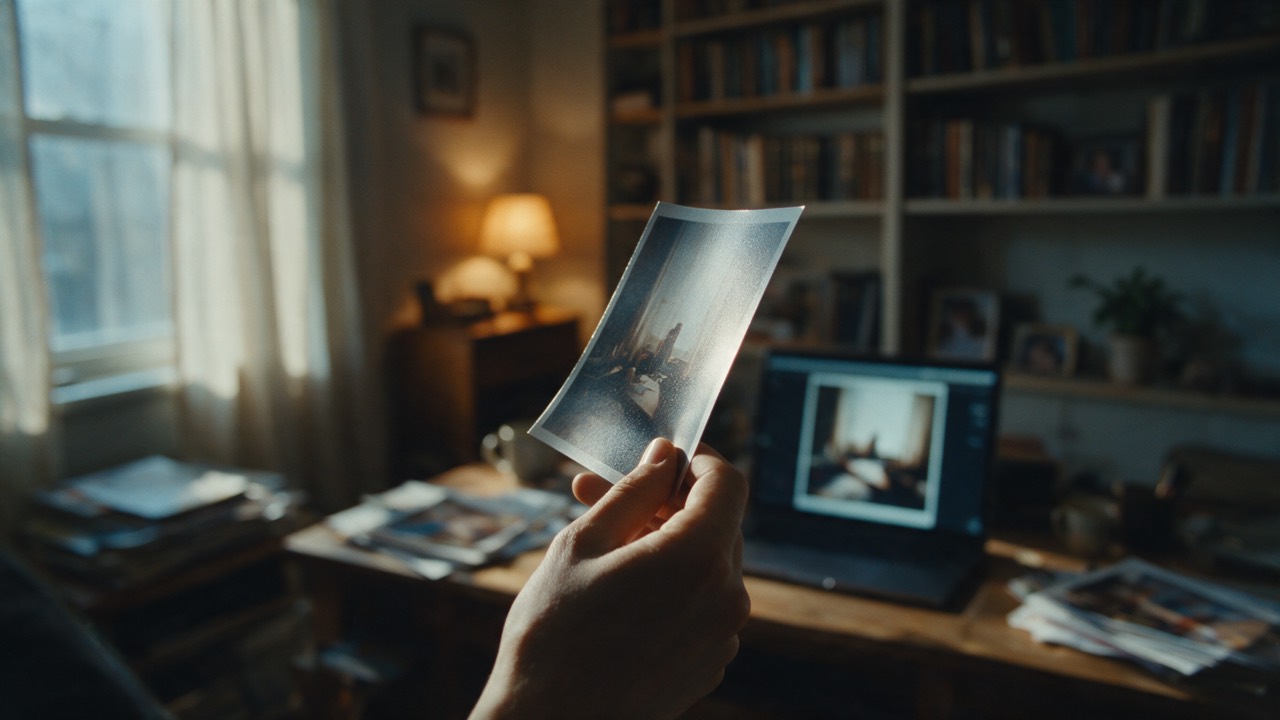A hand holding a printed photograph up to the window light, a laptop behind it showing a cleaned-up version