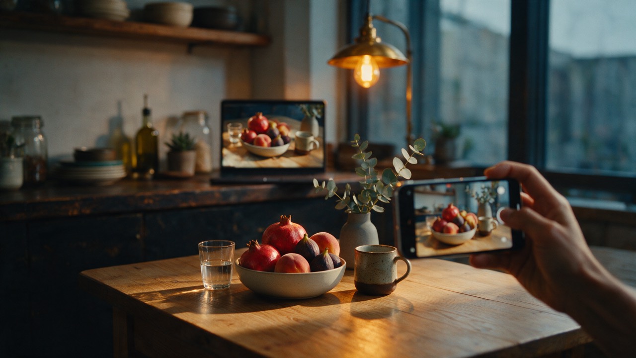 Filming a still life on a phone, the same frame already moving on a laptop