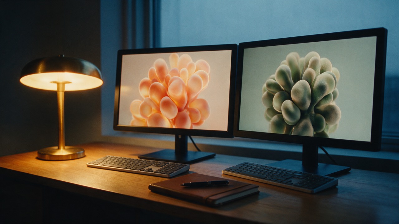 Two monitors side by side showing similar generated images