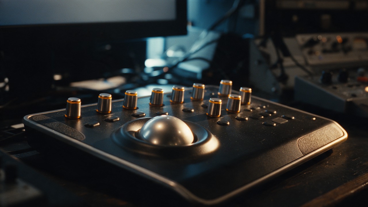 Close-up of a colour grading control panel with a trackball and knobs under warm lighting in a dark studio