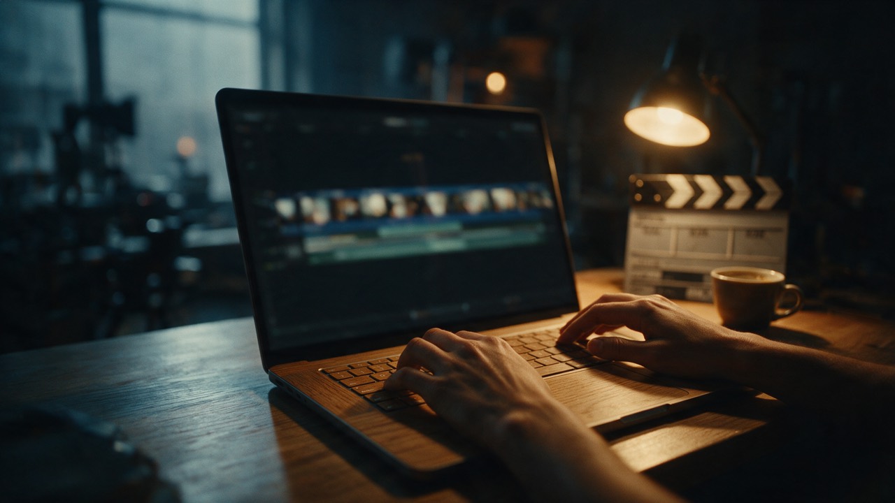 Hands typing a prompt on a laptop, a clapperboard and coffee beside it