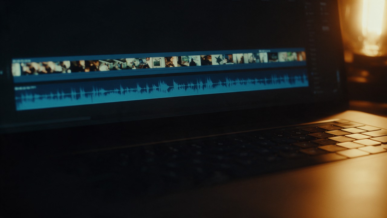 Close-up of a laptop screen: a video track and an audio track lined up under each other on the timeline