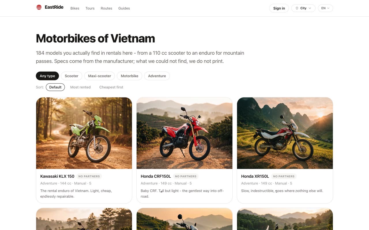 EastRide bike catalog — 180+ vehicles across 13 cities