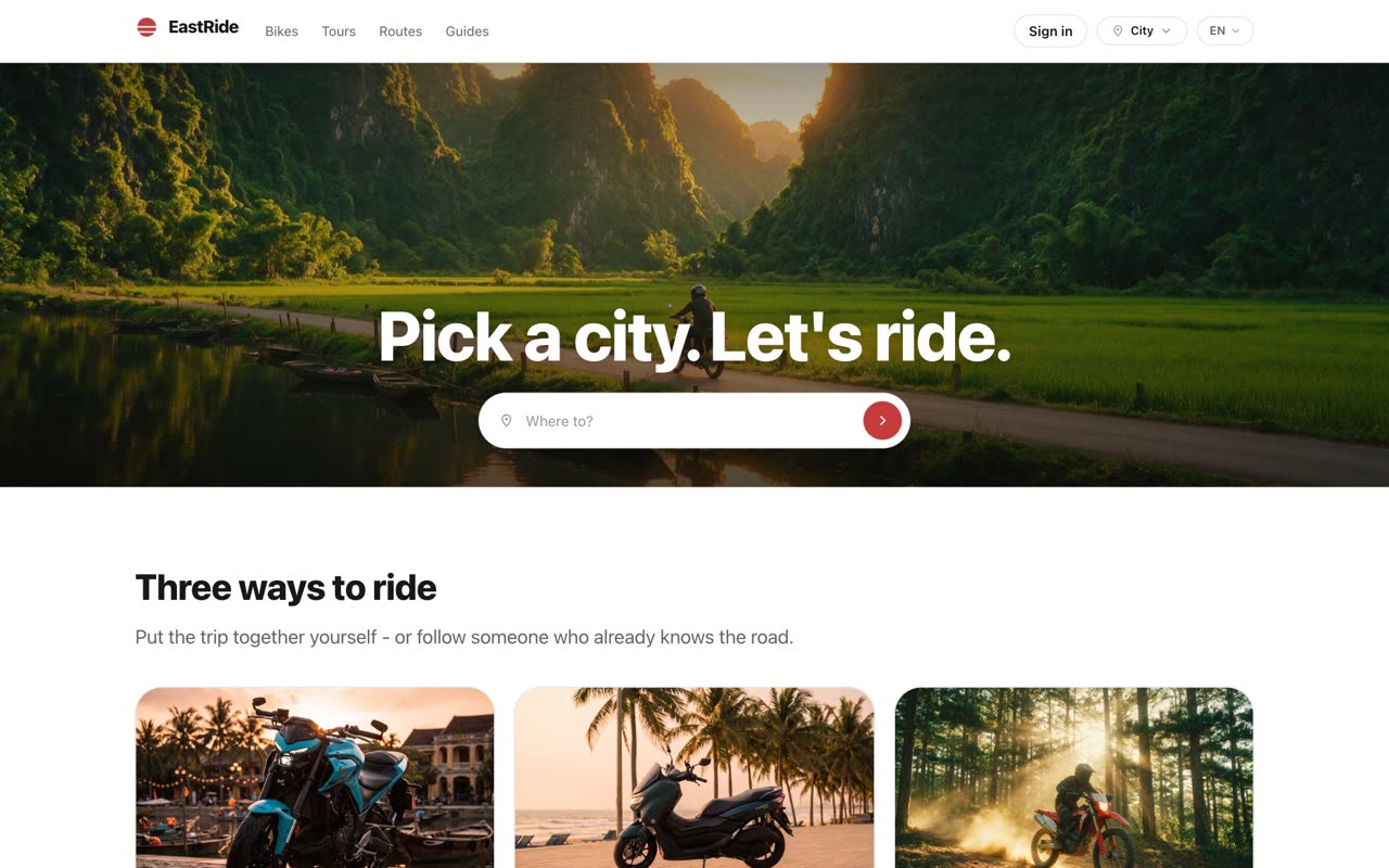EastRide home page — live travel platform for riders in Asia